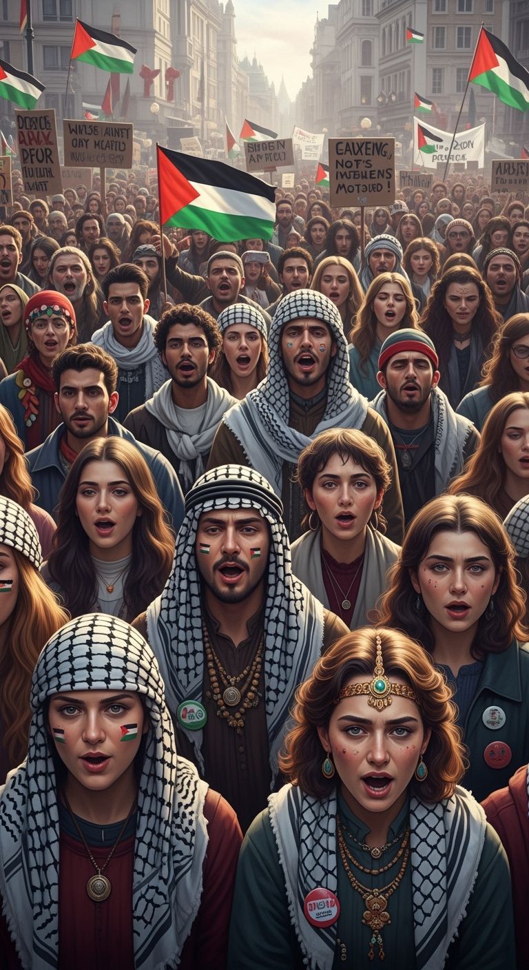 London Protest Crowd with Palestinian Flags in Cinematic Lig...