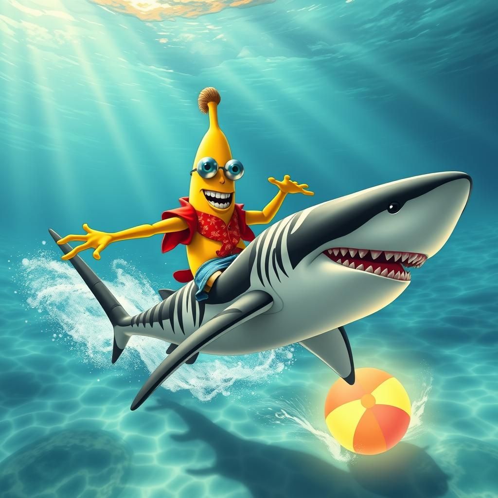 Cartoon Banana Rides Shark in Tropical Waters
