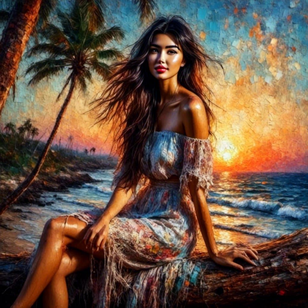 Boho Fashion Lady at Sunrise, Impasto Painting