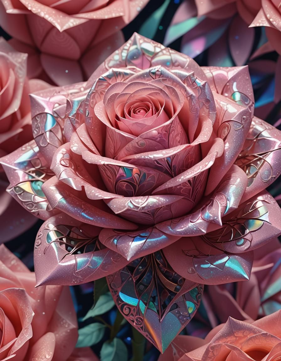 Pink Rose in Surreal Origami Fractal Dreamscape