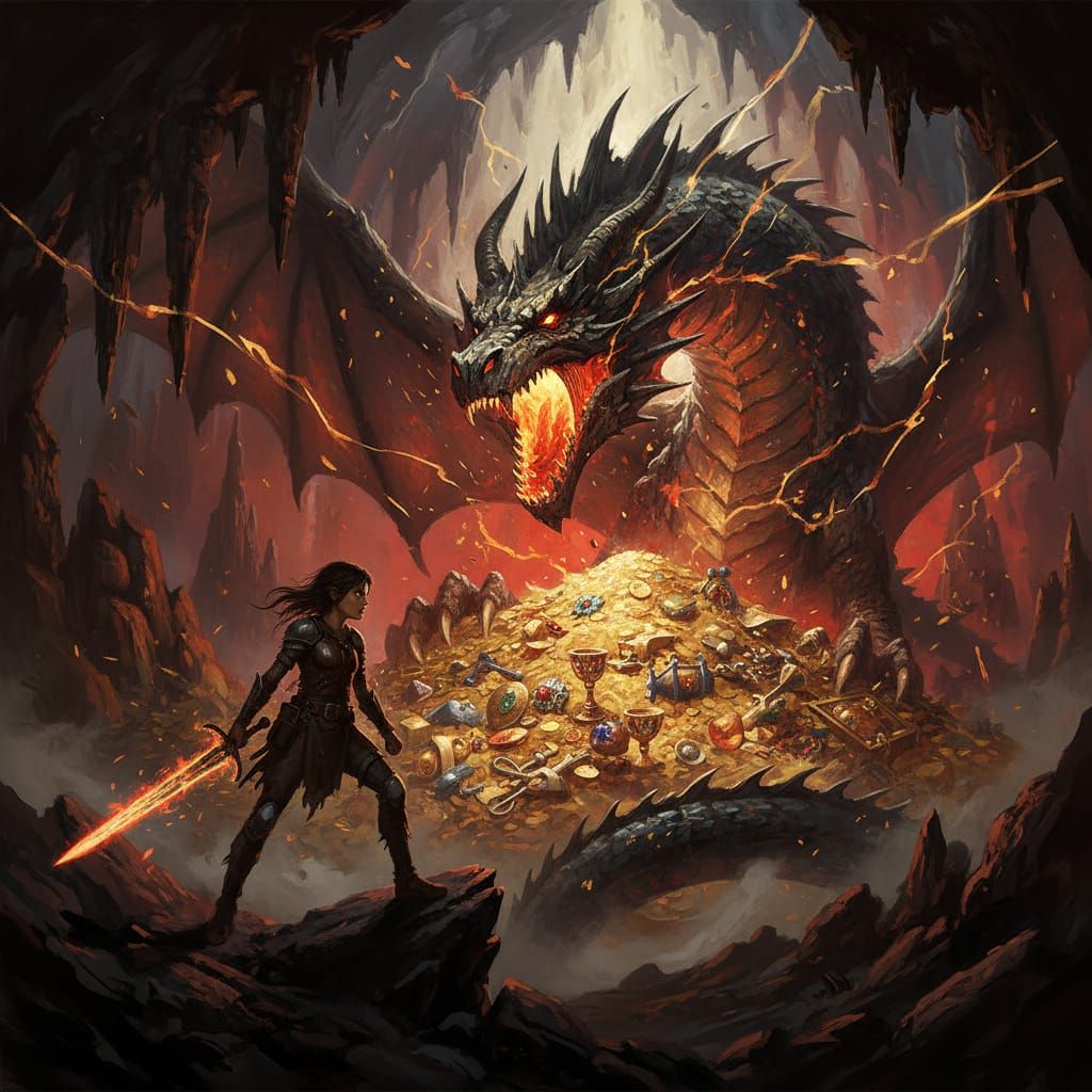 Brave Girl Confronts Fiery Dragon in Epic Matte Painting