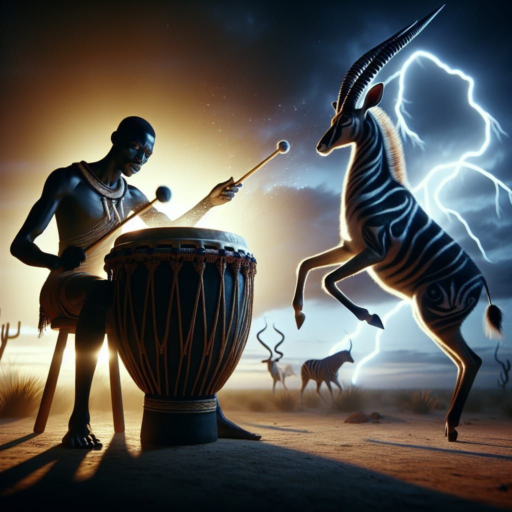 African Drummer, Dancing Animals in Magic Realism