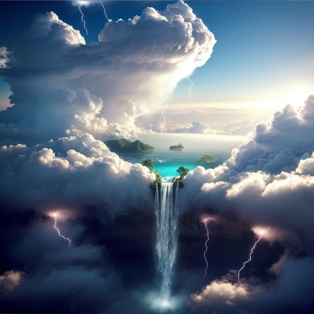 Ethereal Storm Cloud with Waterfall, Dramatic Lighting
