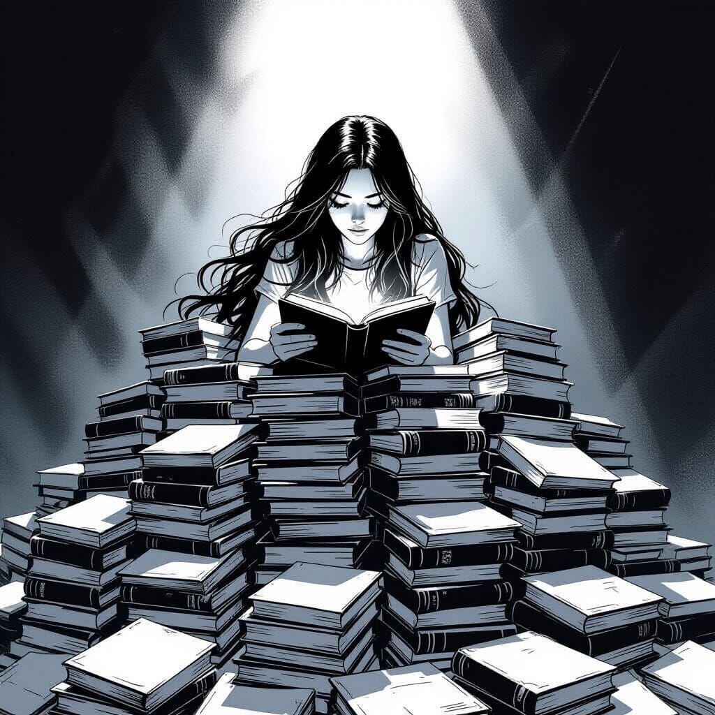 Girl Reading on Tower of Books in Black and White Comic Art