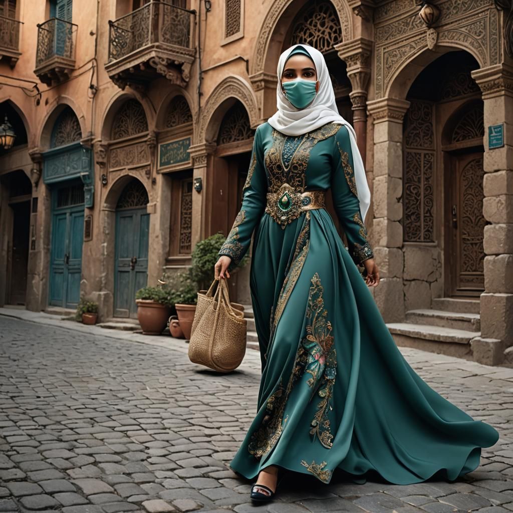 Hijabi Woman Strolls Greek Town in Ornate Gown