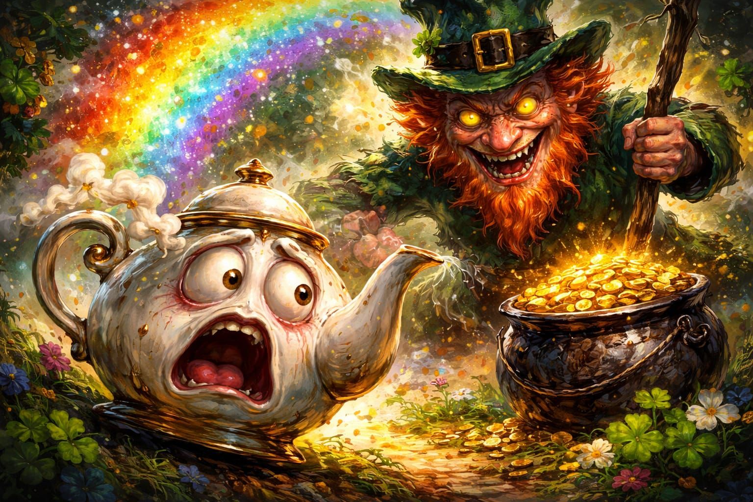 Terrified Teapot Overwhelmed by Deranged Leprechaun