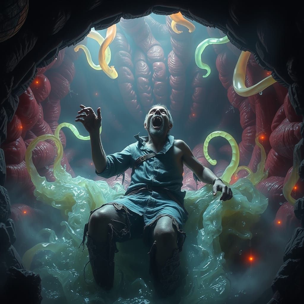Man Engulfed in Monster Stomach: Digital Matte Painting