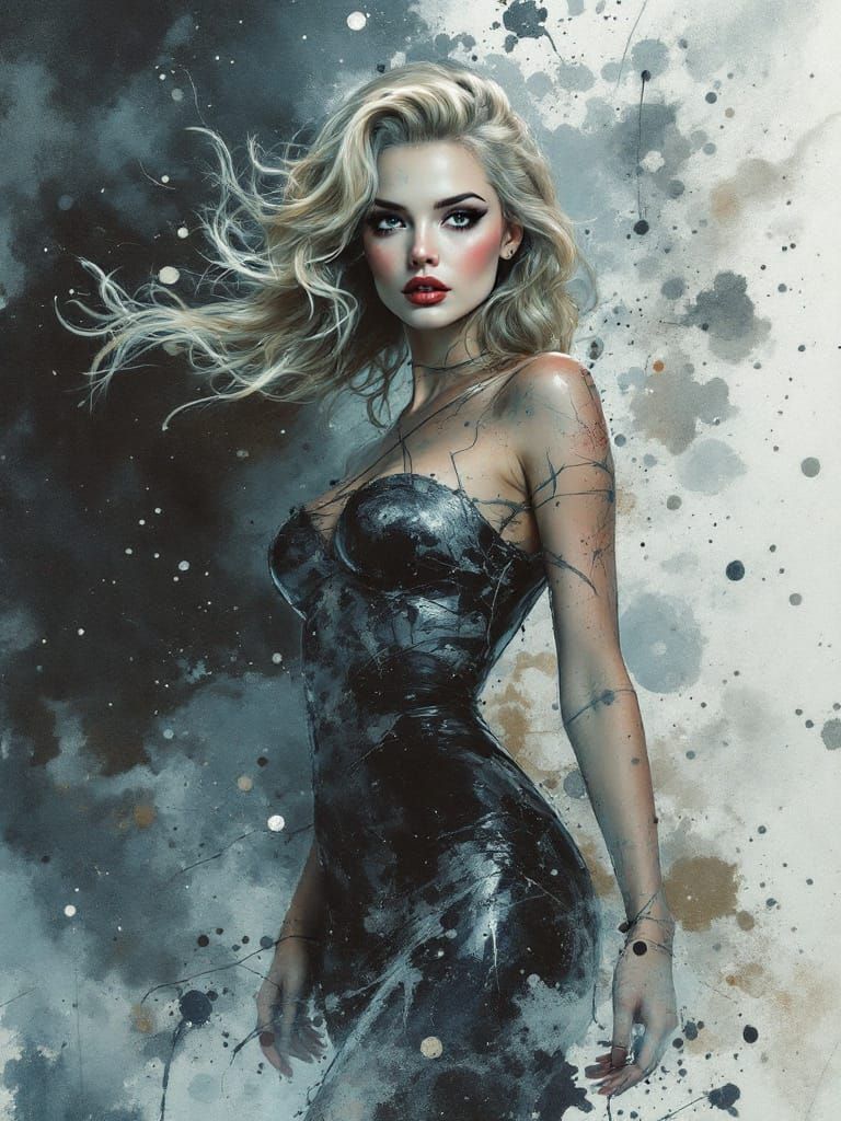Blond Pin Up Woman in Surreal Ink Splatter Style