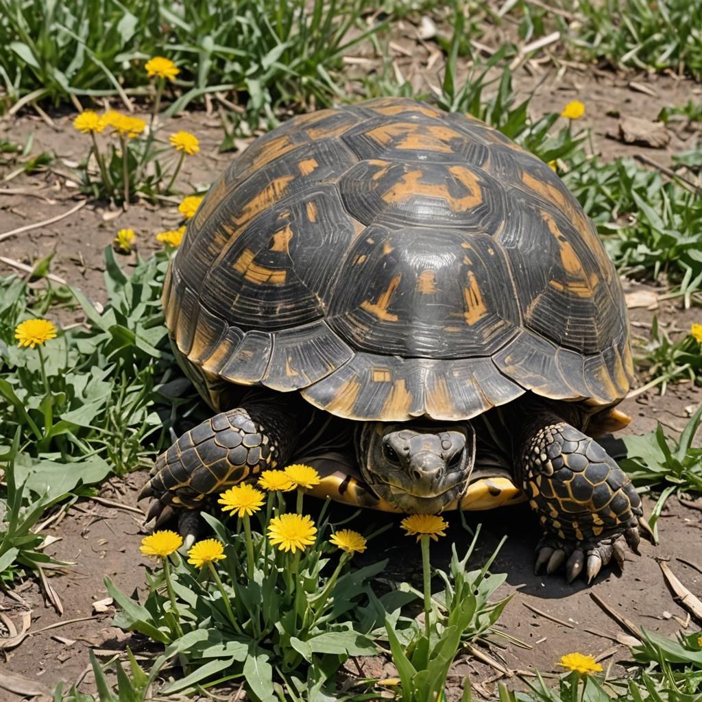 Greek Tortoise Enjoying Dandelions