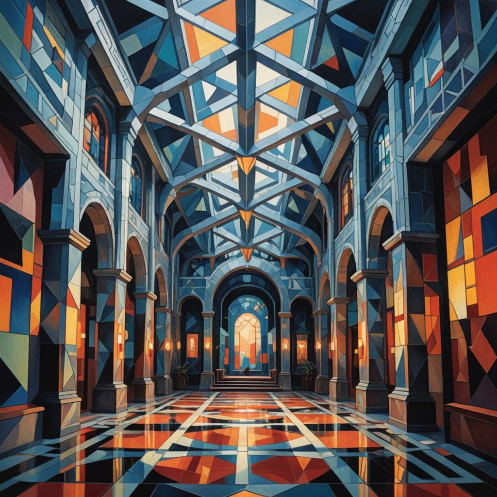 Neo-Cubist Hall of Silver Antlers with Lunar Glow