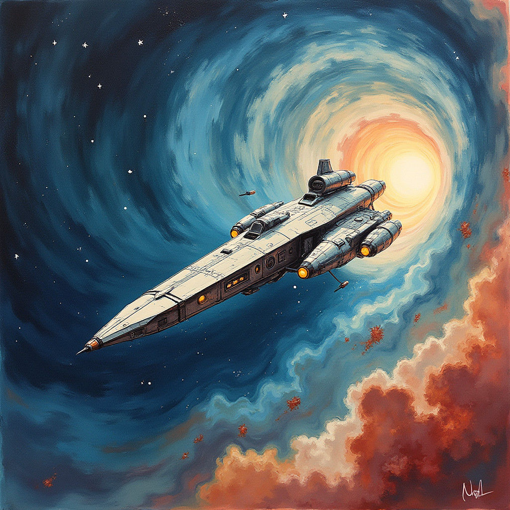Gouache Spaceship Emerges from Colorful Vortex