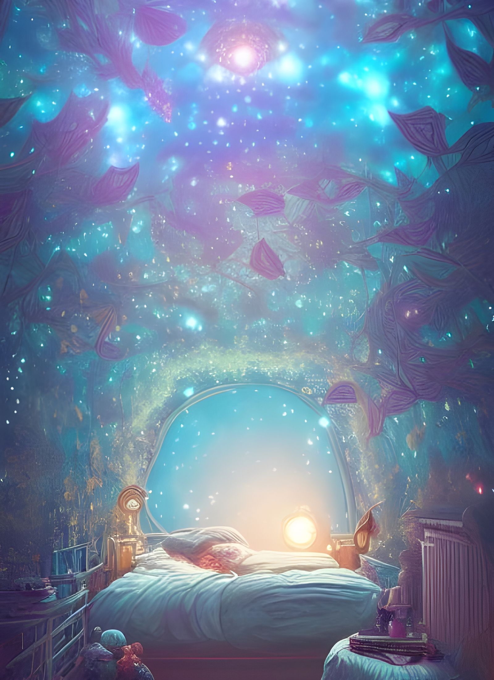 Cozy Bedroom with Glowing Stars, Photorealistic Digital Art