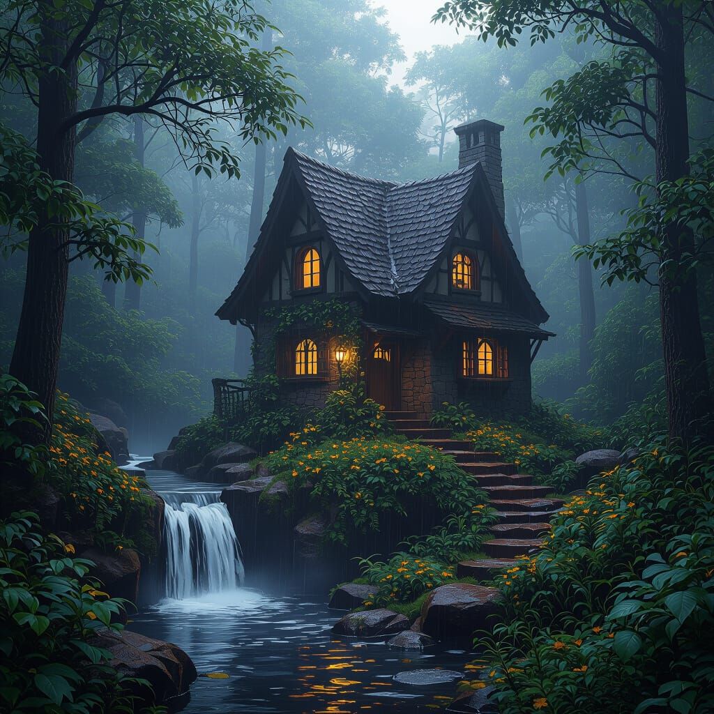 Misty Cottage in Dark Fantasy Landscape