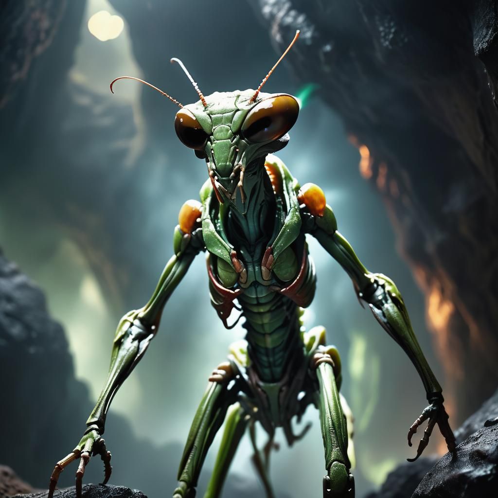 Hyper-Realistic Alien Mantis Portrait in Misty Cave