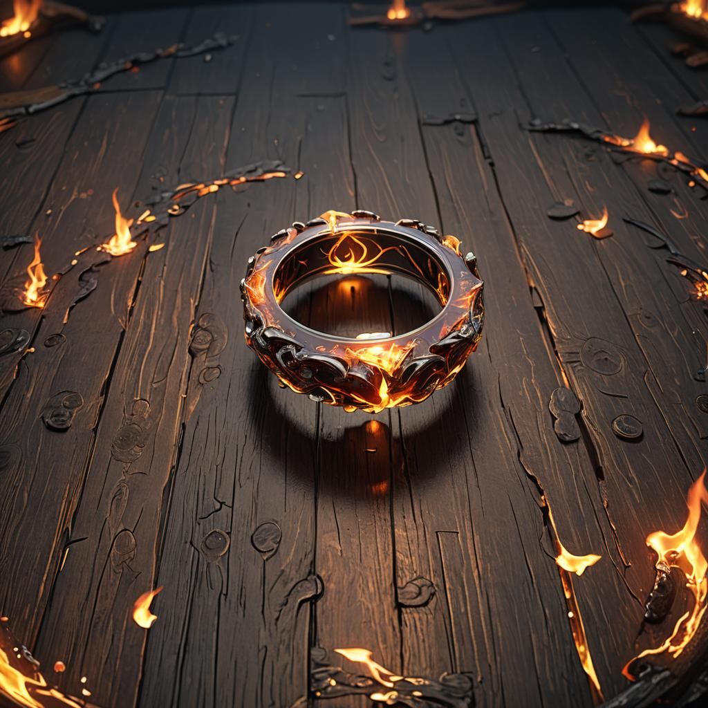 Fiery Ring on Wooden Table: Detailed Matte Painting