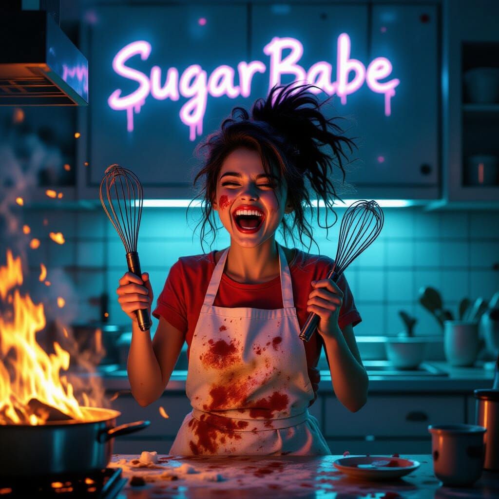 Cyberpunk Chef Laughs in Burning Kitchen