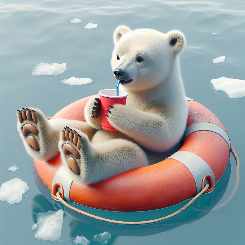 Photo-Realistic Polar Bear Cub Sipping Drink