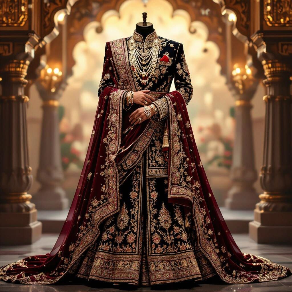 Rajasthani Groom's Opulent Wedding Attire in Rich Digital Ar...