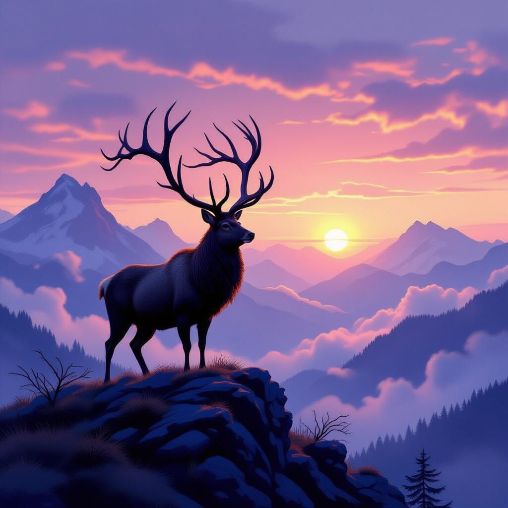 Majestic Stag on Misty Mountain Peak at Dawn
