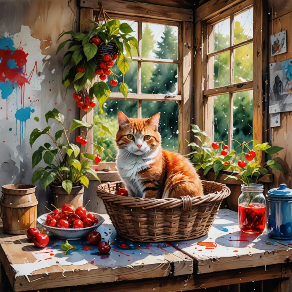 Surreal Summer Scene with Wicker Basket, Cherries, and Red C...