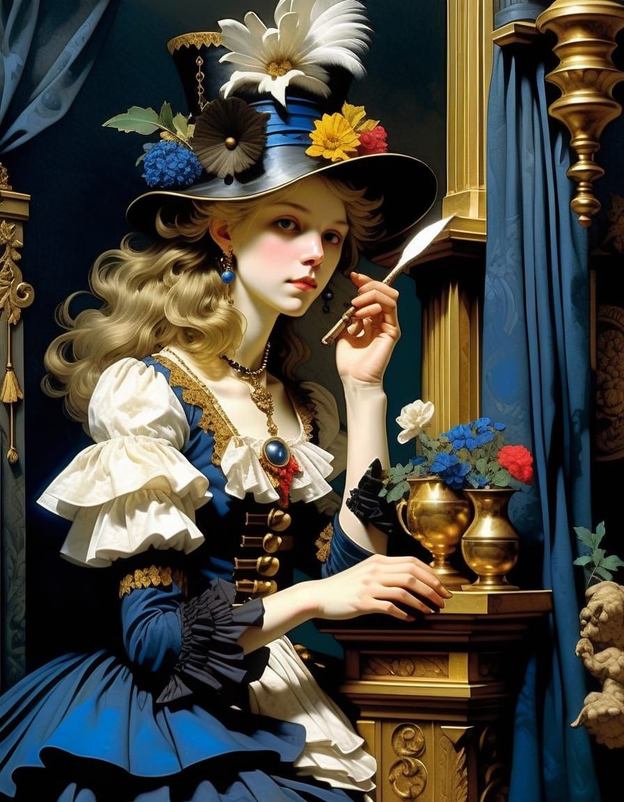 Serious Figure in Dark Formal Attire Surrounded by Gothic El...