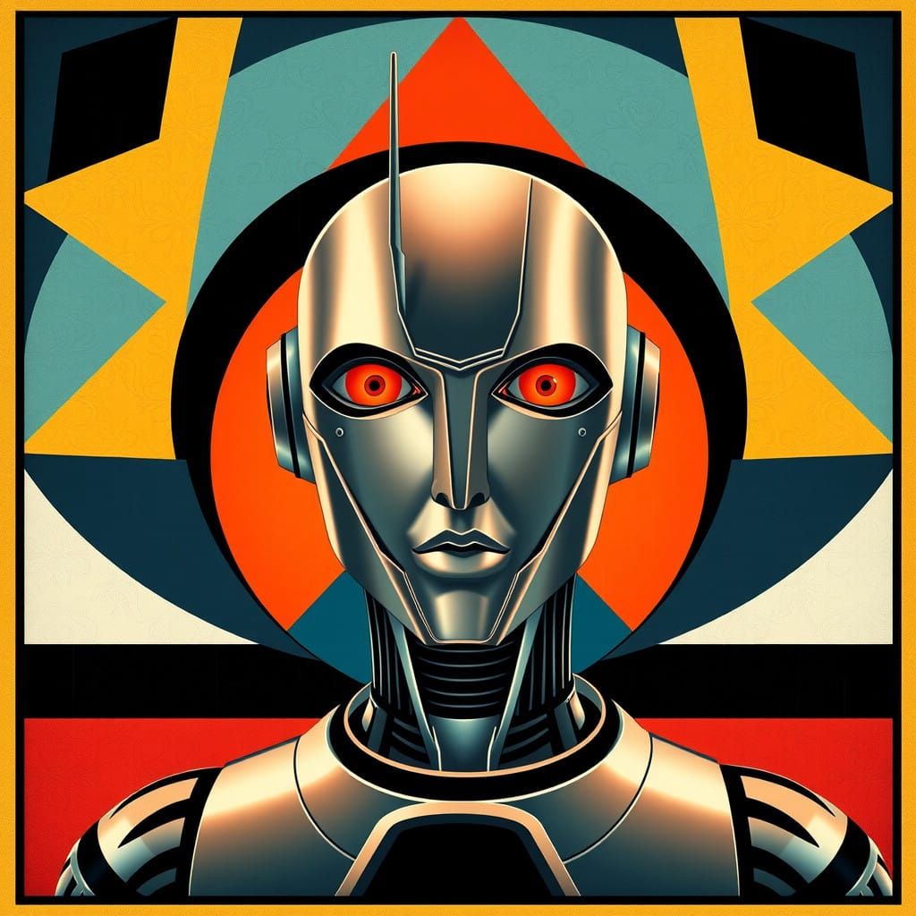 Art Deco Robot Portrait in Bold Triadic Colors