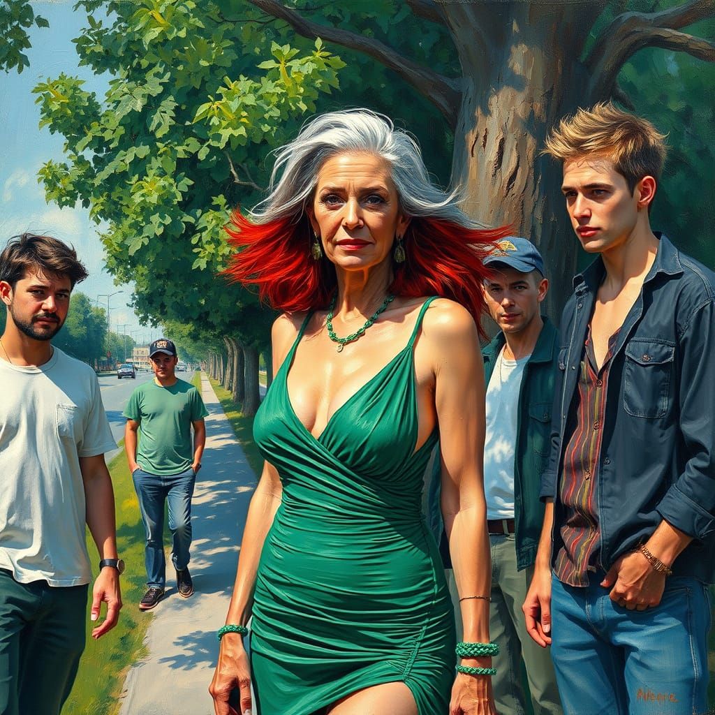 Elderly Transvestite in Green Dress: Neo-Impressionist Paint...