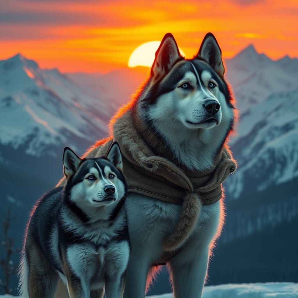Majestic Siberian Huskies at Sunset: Atmospheric Digital Art