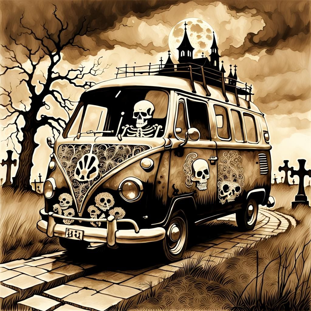 Eerie Filigree Skeleton and Haunted Van in Sepia