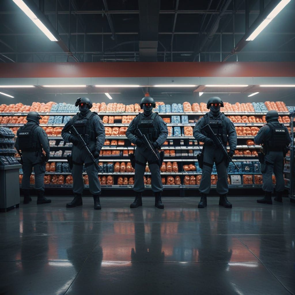 Dystopian Walmart Egg Aisle with Armed Guards