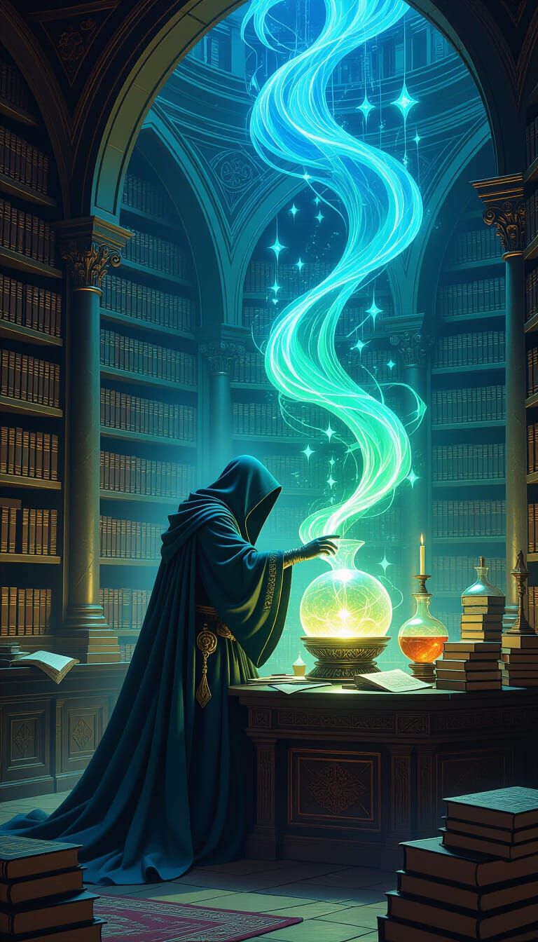 Sorcerer Brews Glowing Potions in Opulent Alchemist Workshop