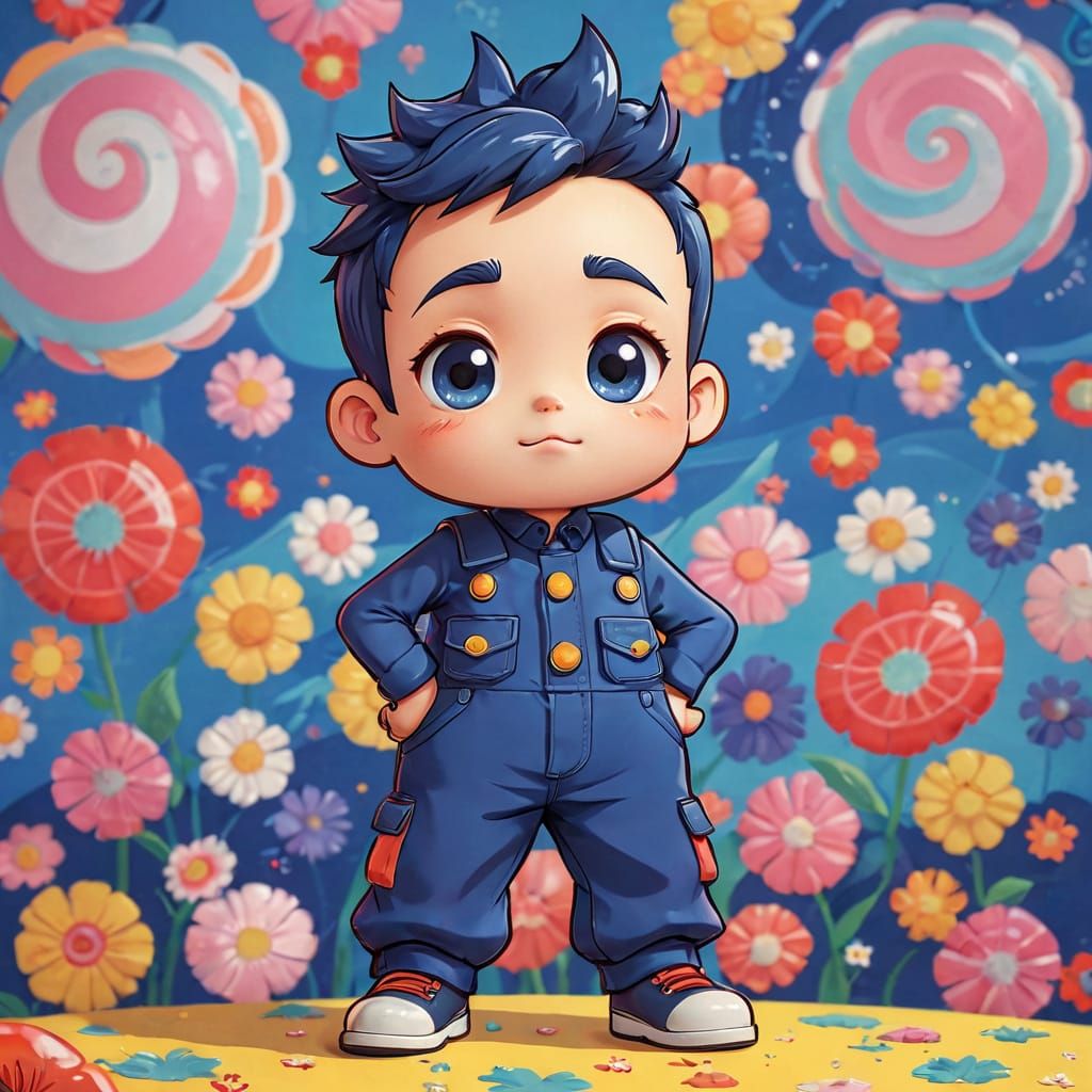 Chibi Farm Worker Man with German Navy Blue Jumpsuit and Whi...