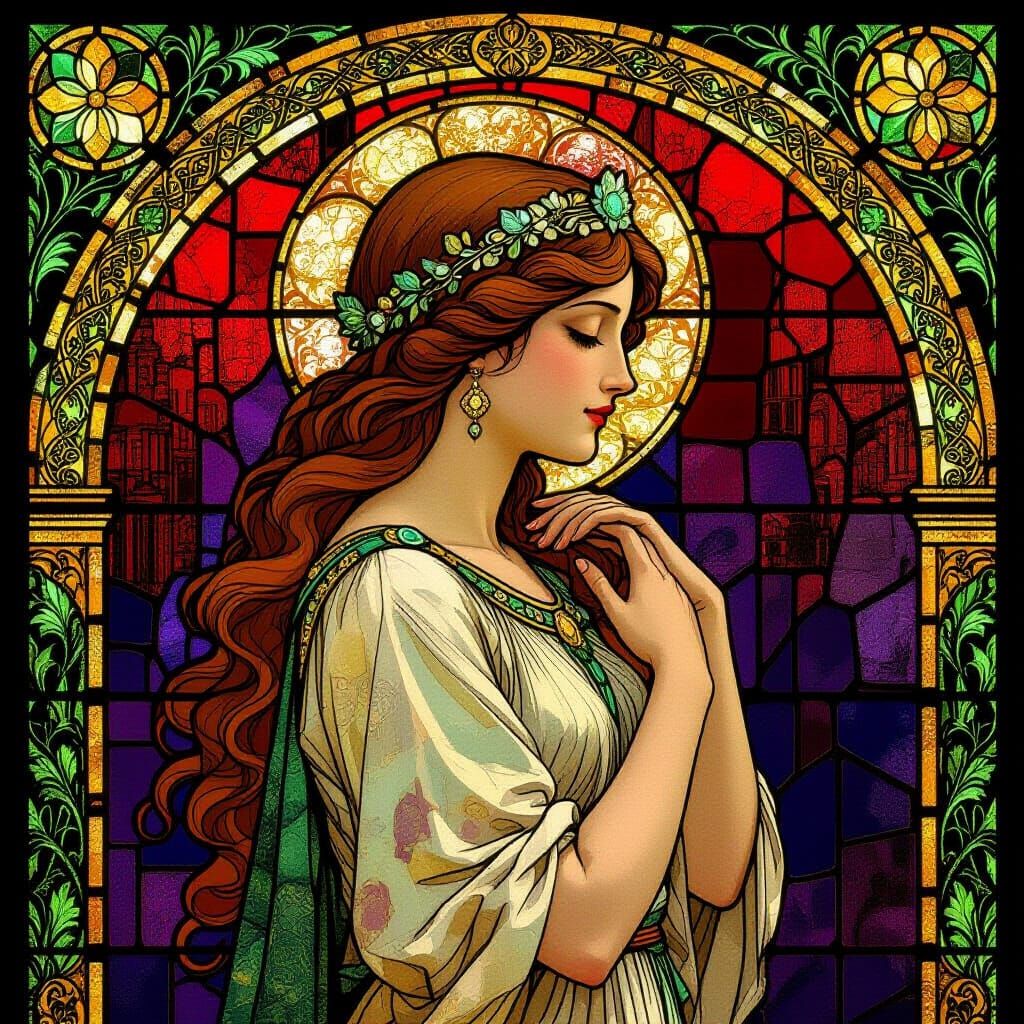 Virgo Maiden in Art Nouveau Stained Glass