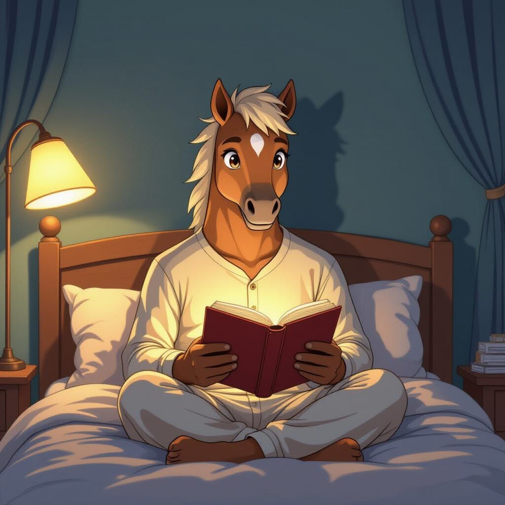 Fairytale Centaur in Pajamas Reading a Book