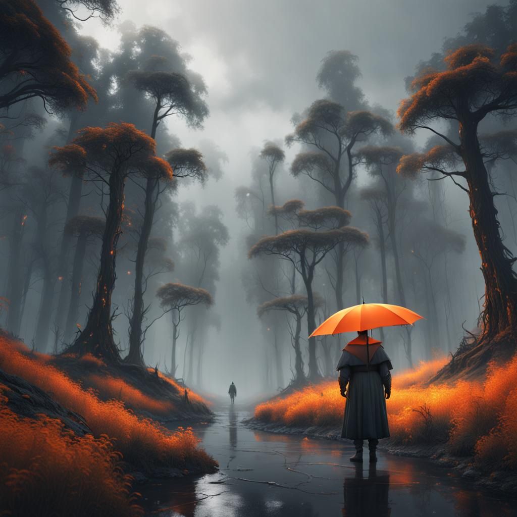 Lonely Figure with Orange Umbrella in Misty Forest