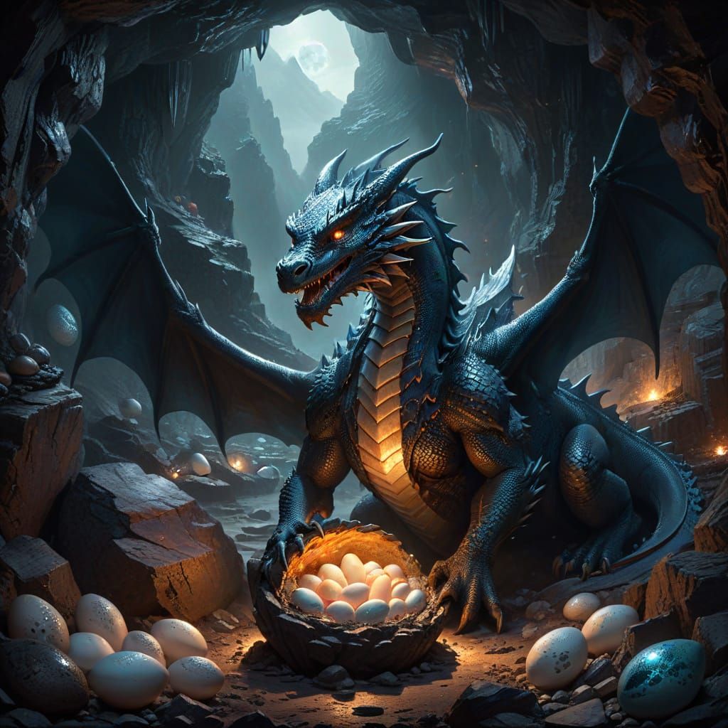 Mother Dragon Protecting Eggs in Moonlit Cave