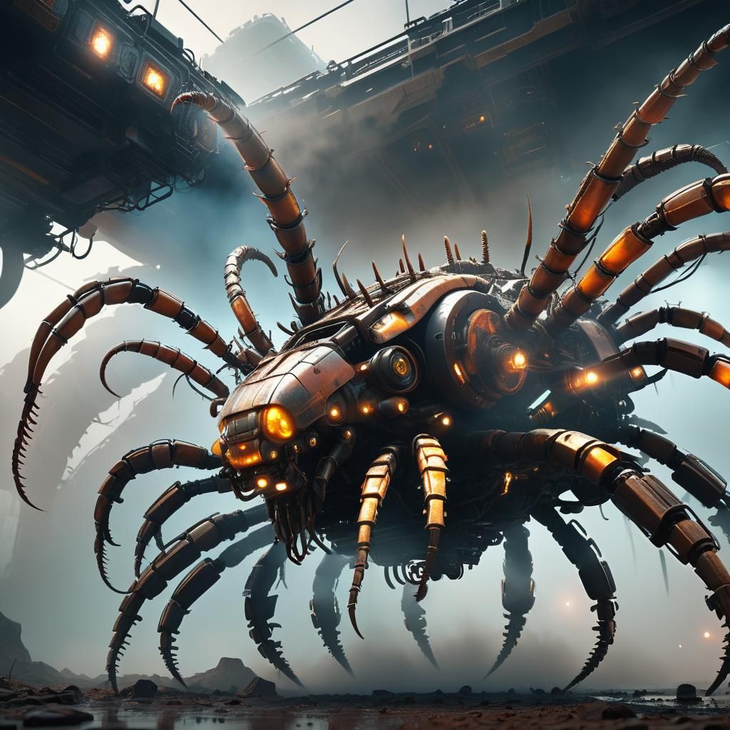 Futuristic Centipede Vehicle in Dramatic Fog