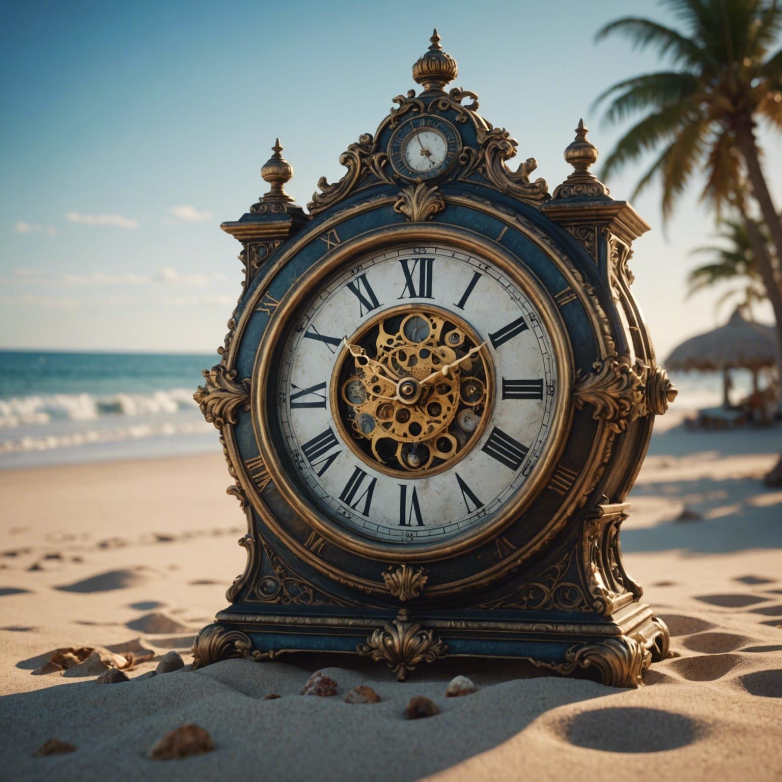 Antique Clock Ticking on a Sunny Beach