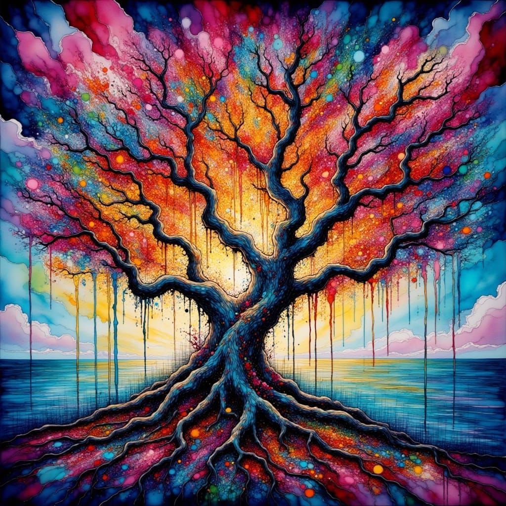 Gnarled Tree of Dreams in Vibrant Cubist Style
