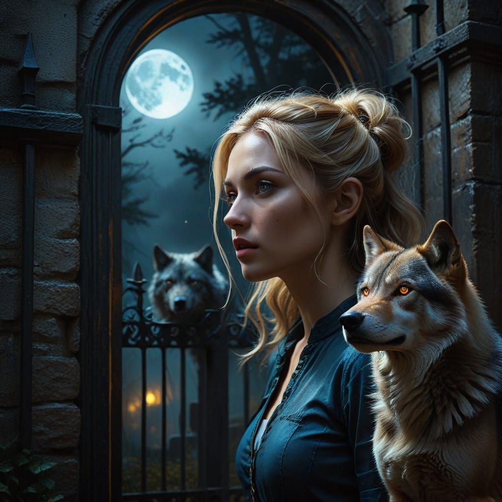 Gothic Oil Painting of Woman Facing Wolves at Gate