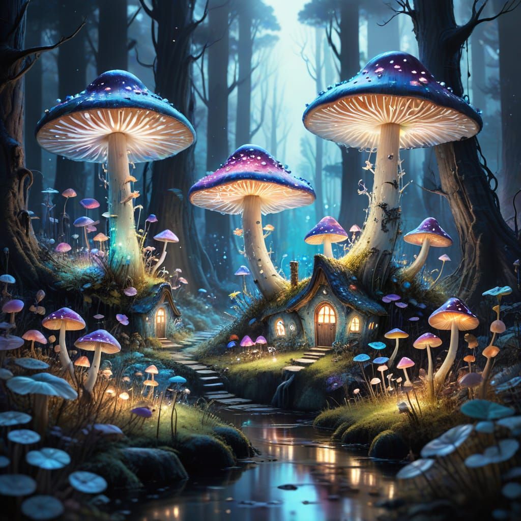 Bioluminescent Fairy Forest in Watercolor Style