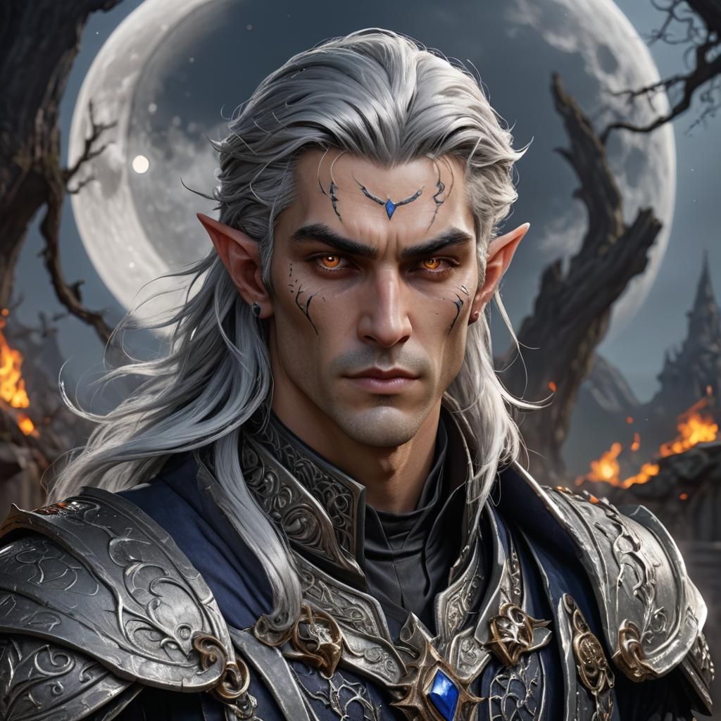 Moon Elf Warlock Portrait in Detailed Matte Style