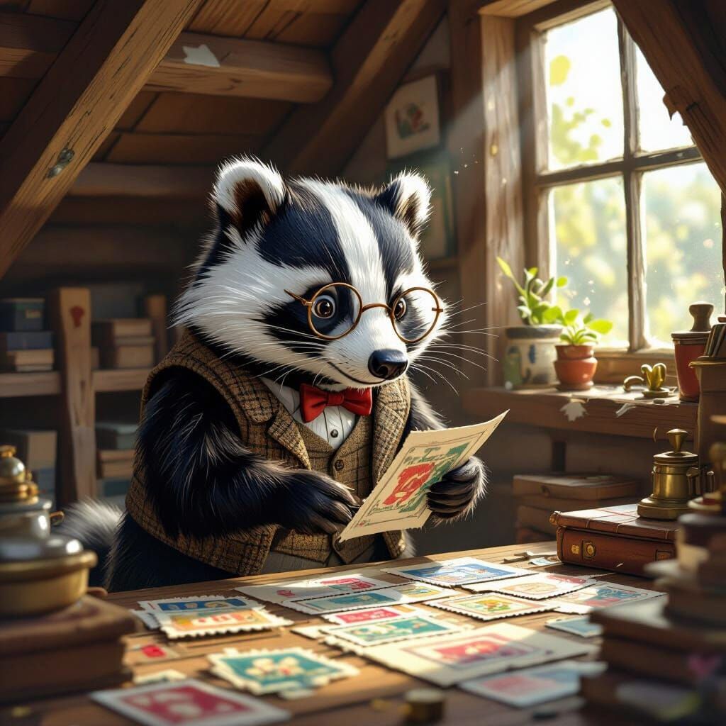 Badger Sorts Rare Stamps in Attic Storybook Style