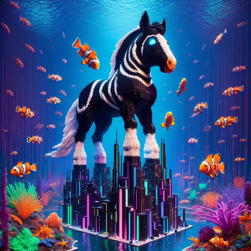 Cyberpunk Horse-Clownfish Hybrid Sits atop Neon Underwater M...