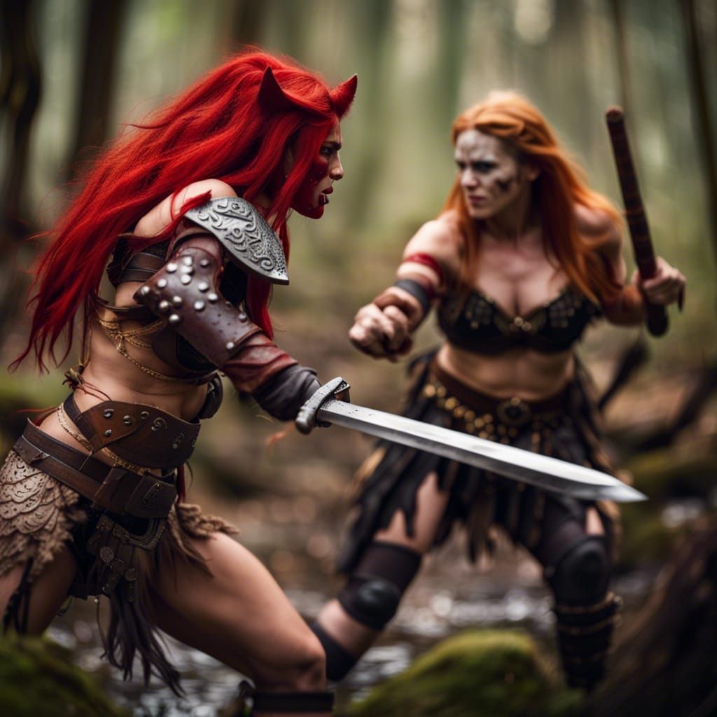 Red Sonja vs Werecat Barbarian in Poison Swamp