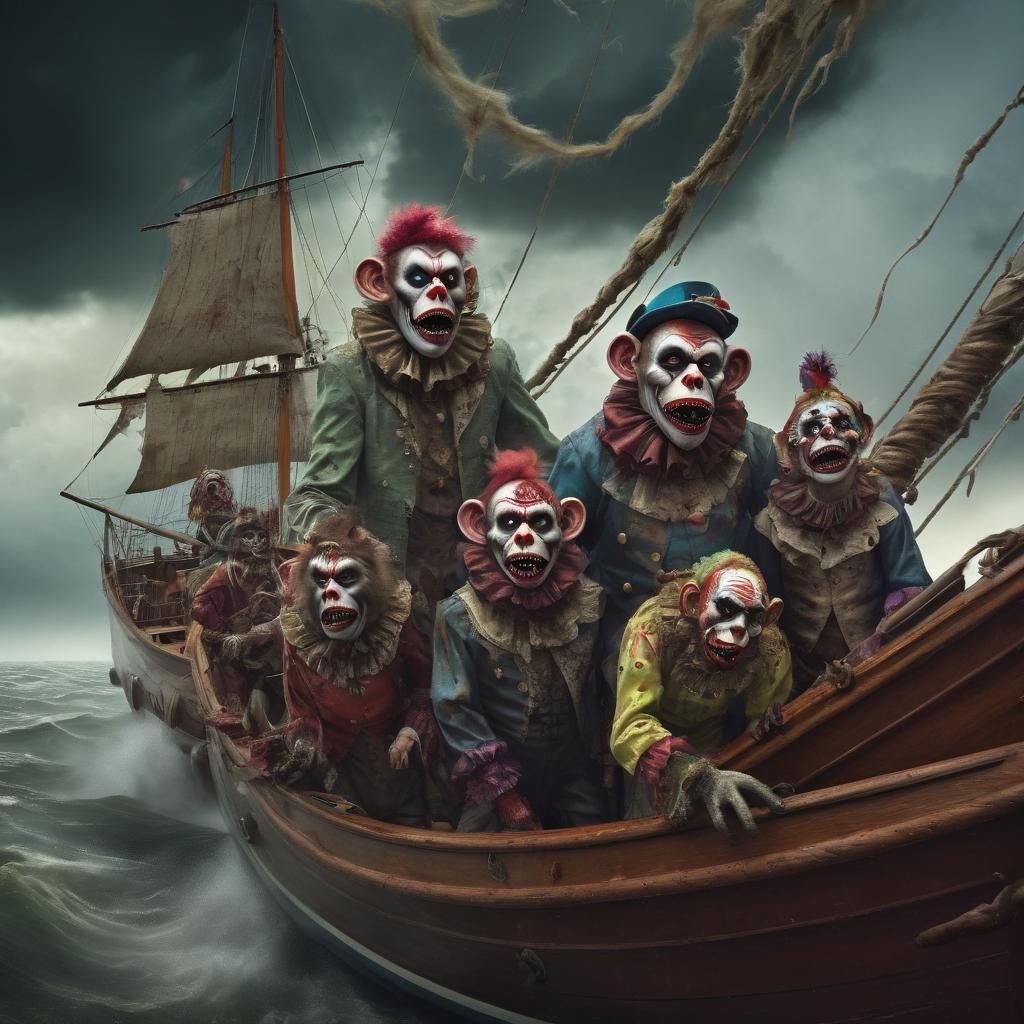 Zombie Monkey Clown Family Sailing Through Prairie Tornado