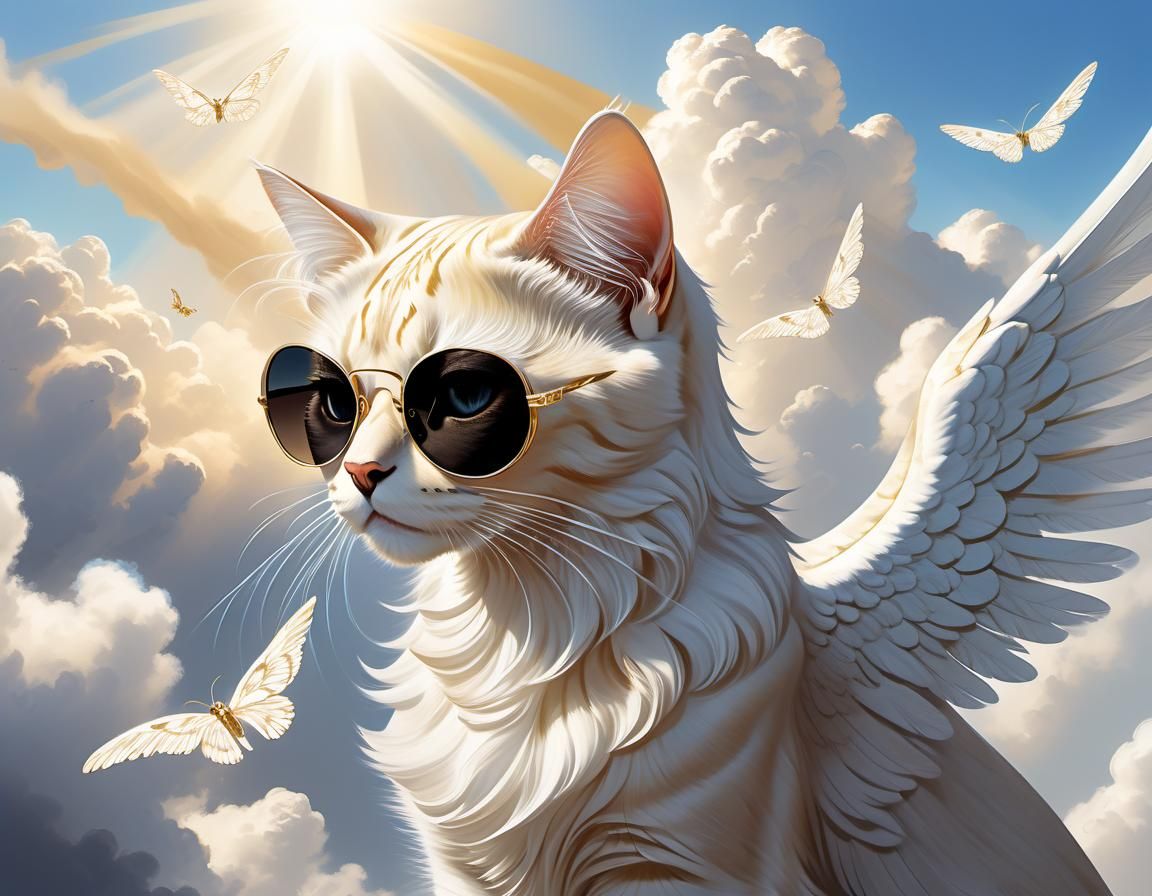 Melancholy Winged Cat in Clouds with Sunglasses