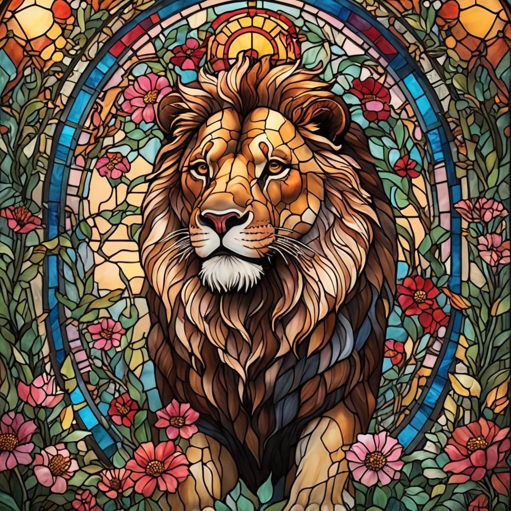 Stained-Glass Lion in Art Nouveau Style