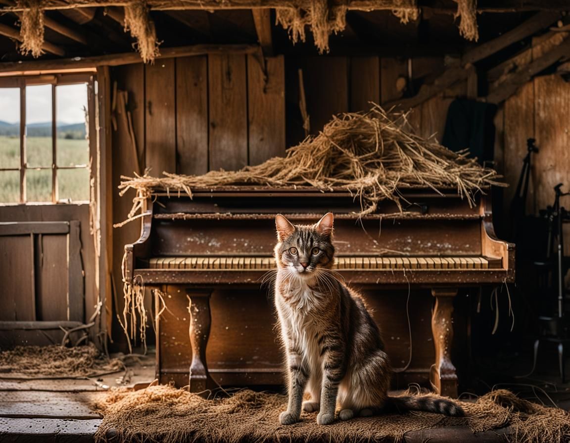 Weathered Cat Playing Piano in Farmyard Scene