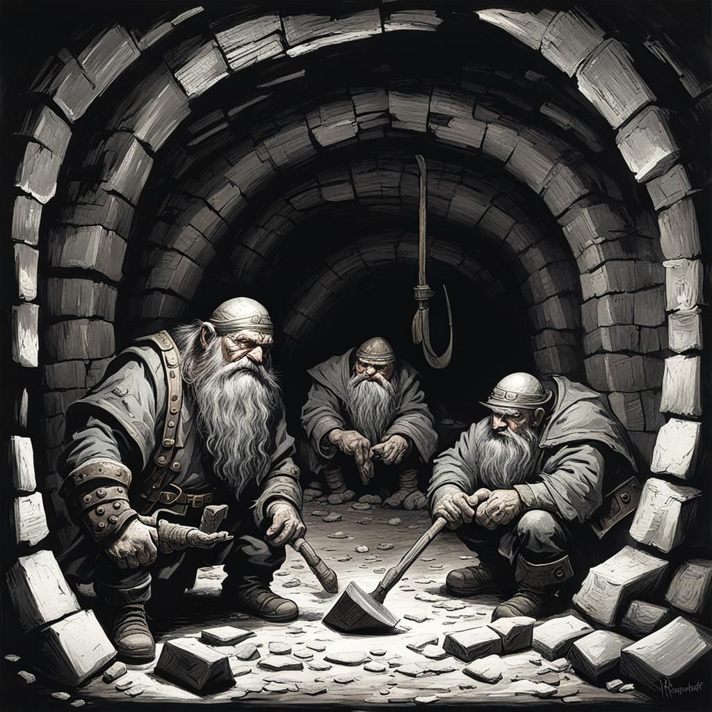 Dwarves Mining Gold Underground, Fantasy Art Style